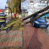 Arbori căzuți, cabluri și fire de curent rupte, bucăți de acoperiș dislocate, mașină avariată, din cauza vântului puternic