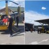Elicopter filmat într-o benzinărie din Curtea de Argeș, unde pilotul german a făcut plinul, apoi a decolat. VIDEO
